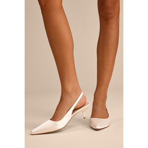 NEW Lulus Agnesca White Satin Slingback Kitten Heel Pumps - Size 6.5